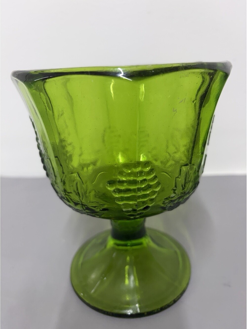 Vintage Indiana Glass “Harvest Grape” Green Footed Candy Compote Dish RARE